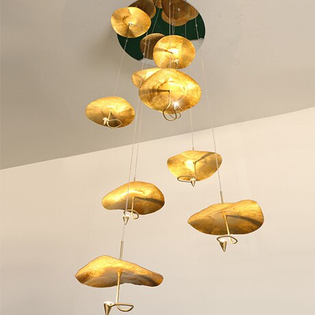 Luxurious Artistic Creativity All Copper Lotus Leaf Chandelier Designer Double Stair Hall Chandelier