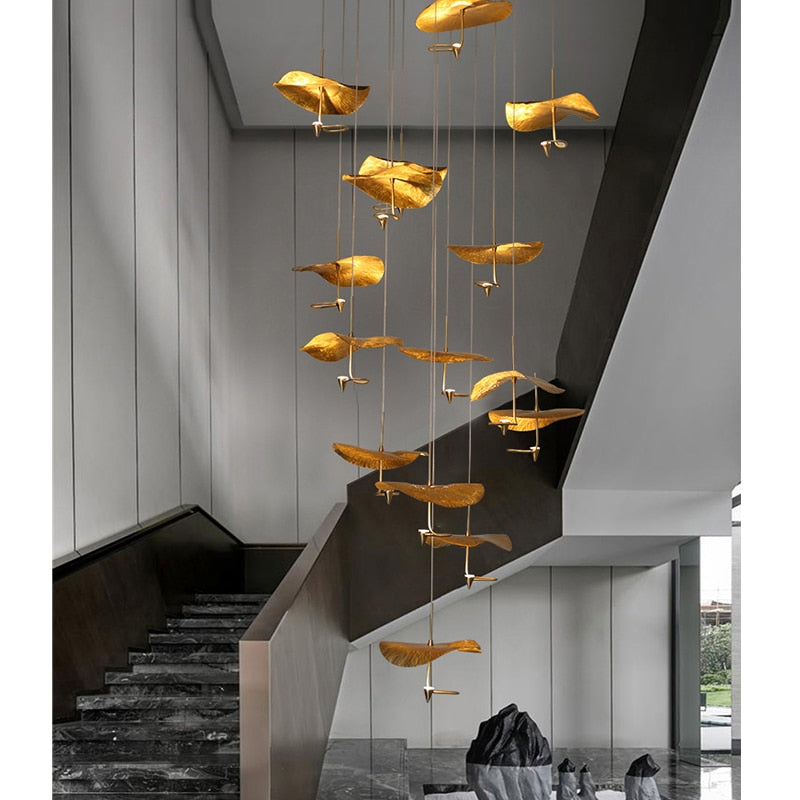 Luxurious Artistic Creativity All Copper Lotus Leaf Chandelier Designer Double Stair Hall Chandelier